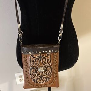 Brown Leather Crossbody Bag with Embroidered Design
